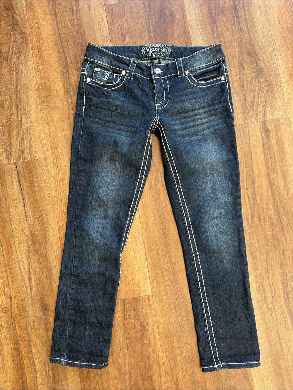 Paisley Sky Dark Blue Straight Crop Jeans with Contrast Stitching